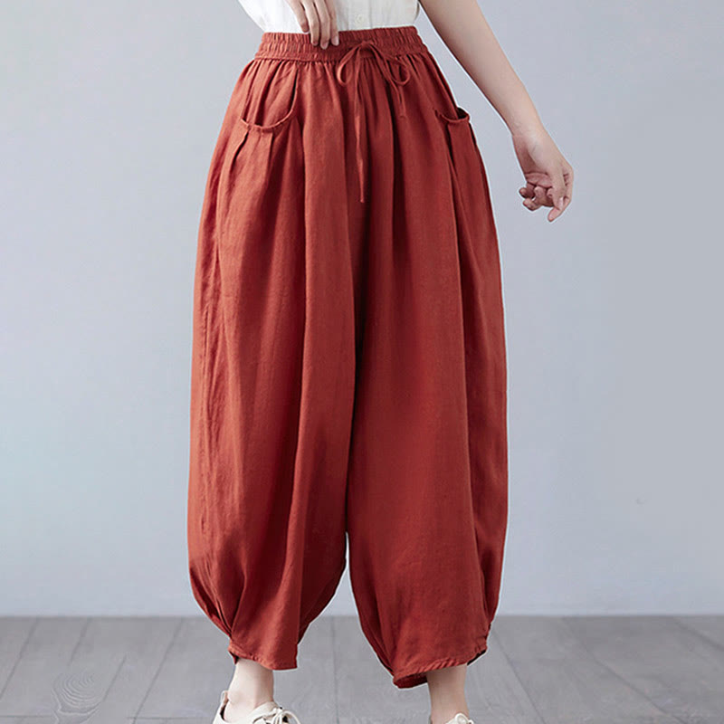 Buddha Stones Summer Plain Cropped Pants Women's Cotton Linen Harem Pants With Pockets