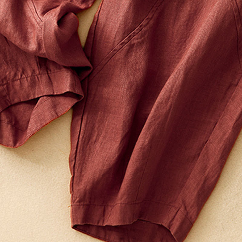 Buddha Stones Casual Plain Cropped Pants Women's Cotton Linen Harem Pants With Pockets