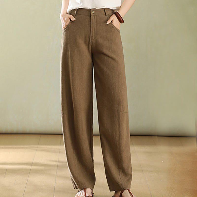 Buddha Stones Pure Color Buttons Women's Linen Pants With Pockets