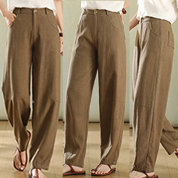 Buddha Stones Pure Color Buttons Women's Linen Pants With Pockets