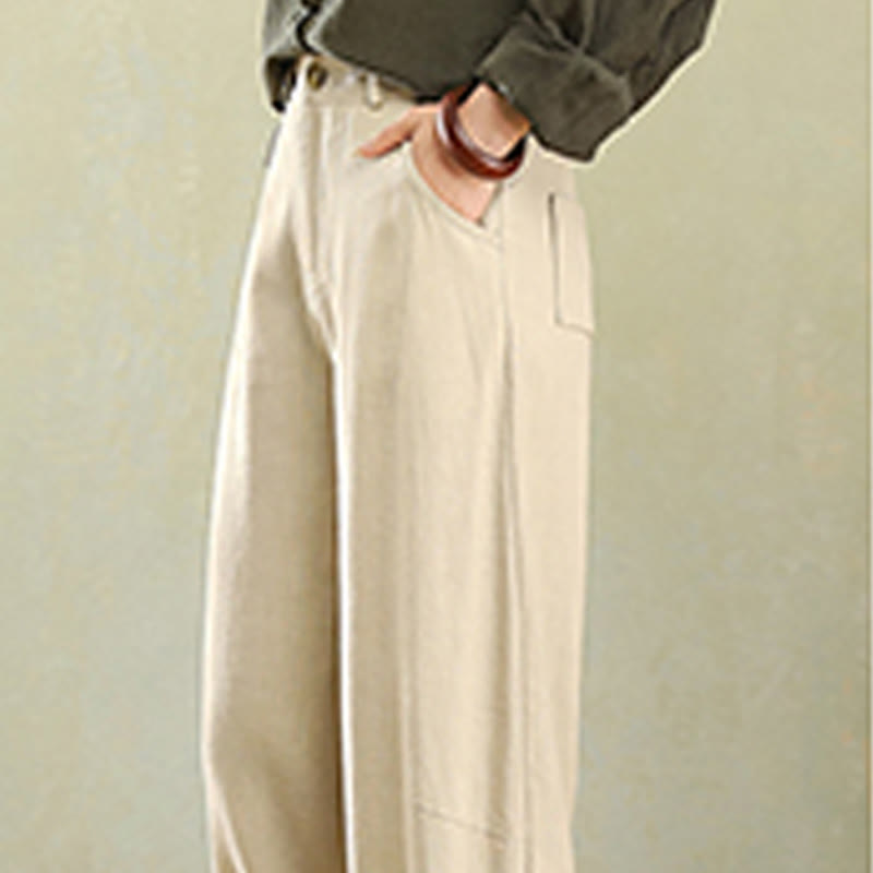 Buddha Stones Pure Color Buttons Women's Linen Pants With Pockets