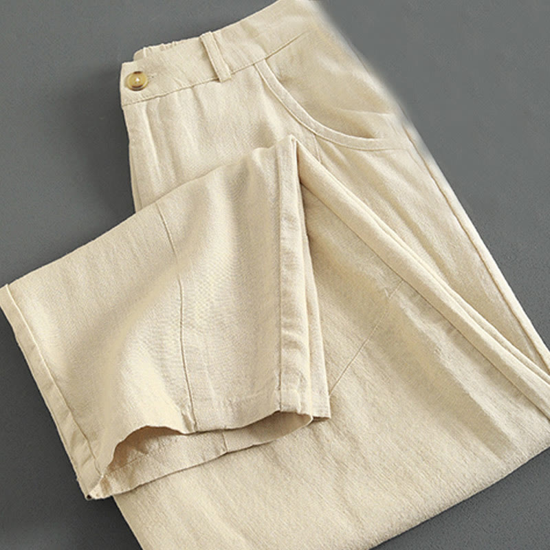 Buddha Stones Pure Color Buttons Women's Linen Pants With Pockets