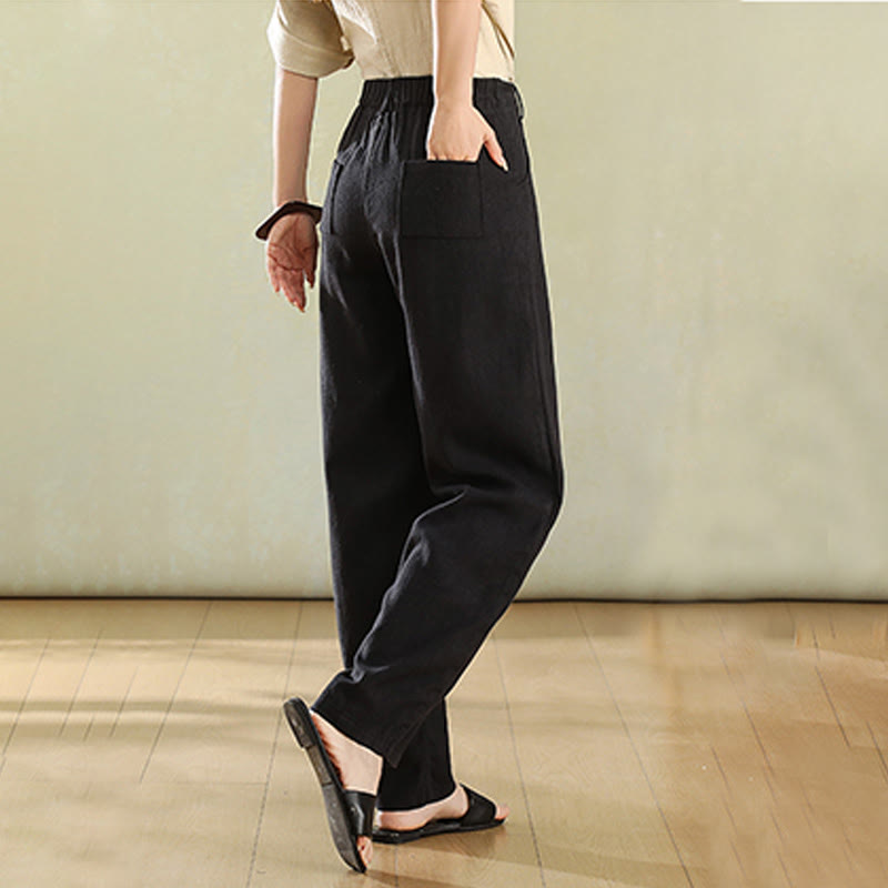 Buddha Stones Pure Color Buttons Women's Linen Pants With Pockets