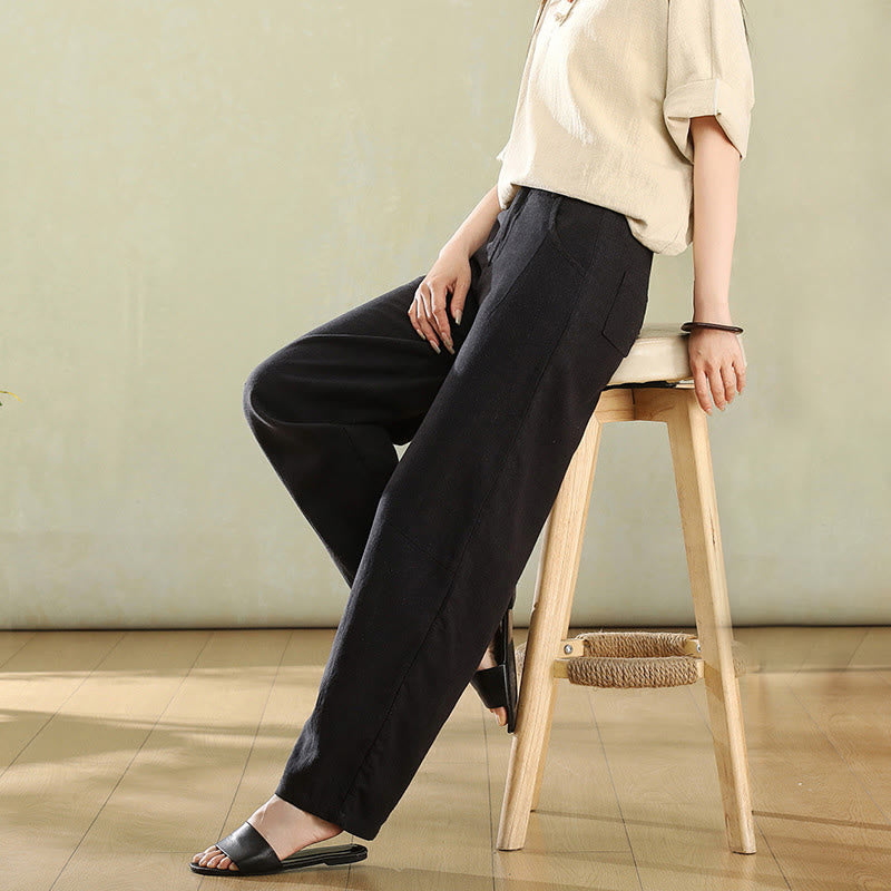 Buddha Stones Pure Color Buttons Women's Linen Pants With Pockets