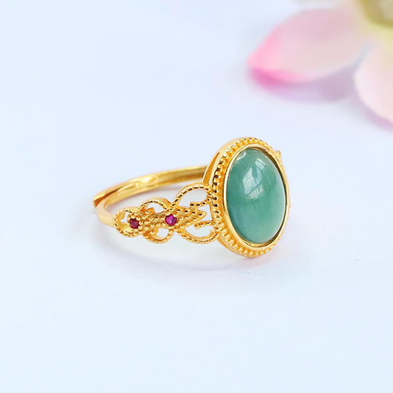 Buddha Stones Natural 925 Sterling Silver Plated Gold Hollow Design Jade Luck Ring