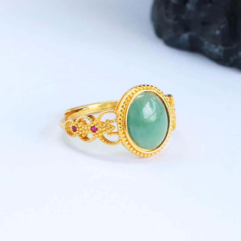 Buddha Stones Natural 925 Sterling Silver Plated Gold Hollow Design Jade Luck Ring