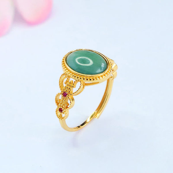 Buddha Stones Natural 925 Sterling Silver Plated Gold Hollow Design Jade Luck Ring