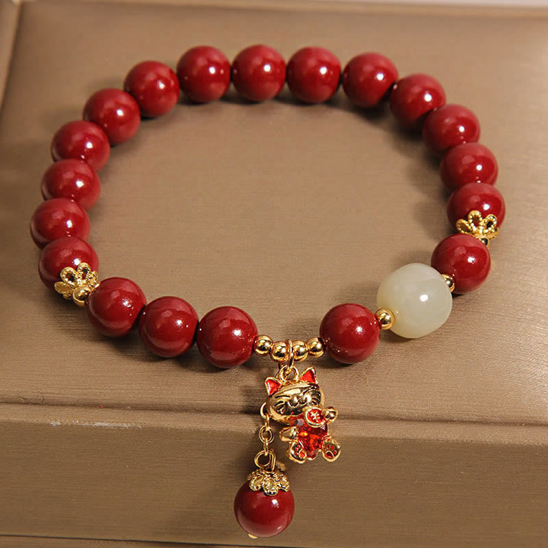Buddha Stones Natural Lucky Cat Pendant Cinnabar Blessing Bracelet