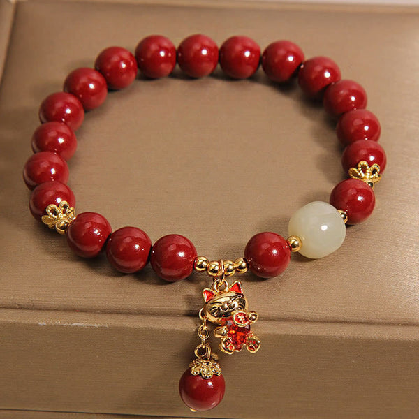 Buddha Stones Natural Lucky Cat Pendant Cinnabar Blessing Bracelet
