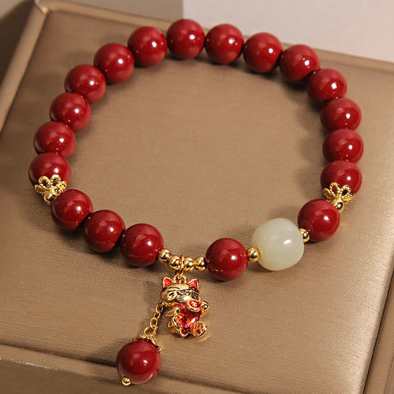 Buddha Stones Natural Lucky Cat Pendant Cinnabar Blessing Bracelet