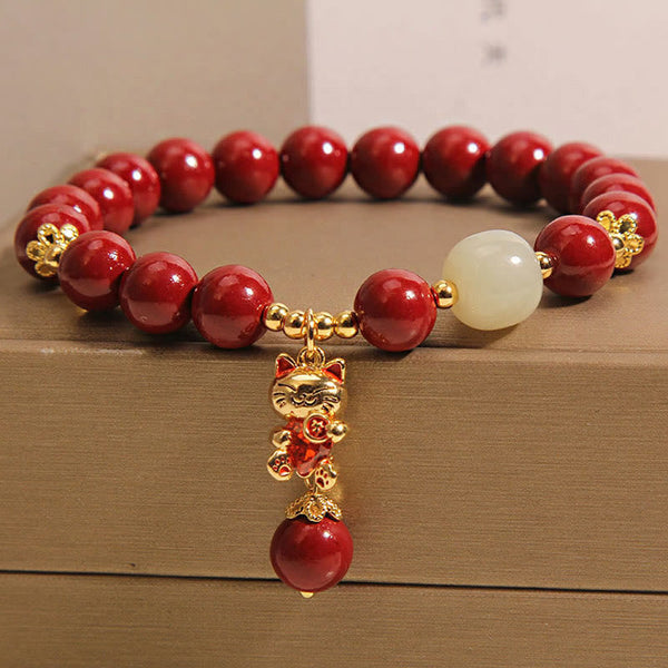 Buddha Stones Natural Lucky Cat Pendant Cinnabar Blessing Bracelet