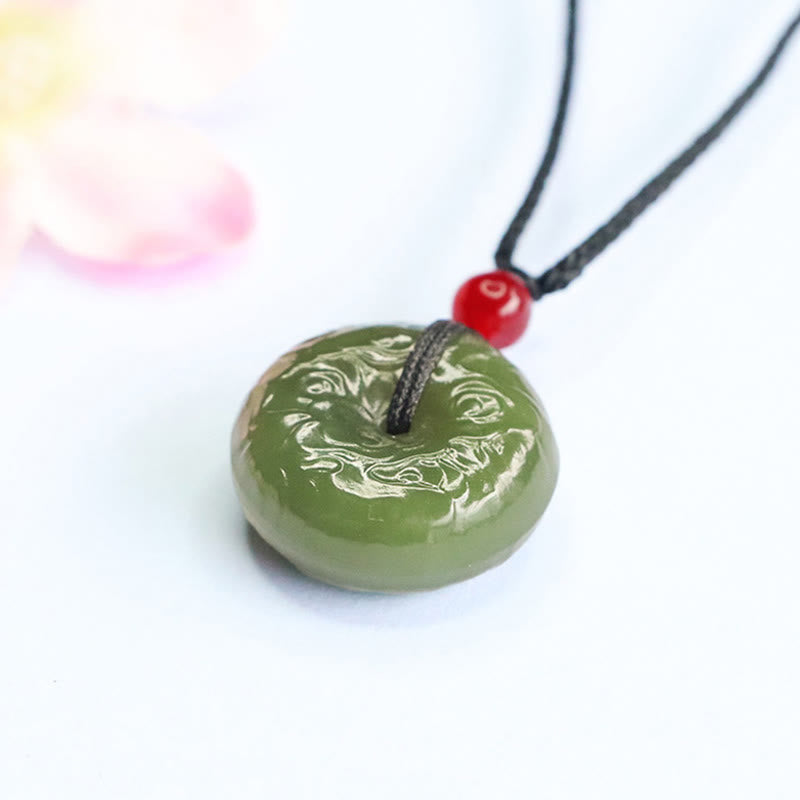 Buddha Stones Peace Buckle Auspicious Clouds Cyan Jade Necklace Luck Pendant