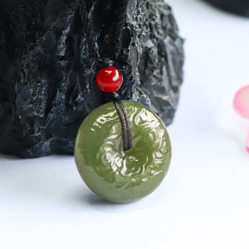 Buddha Stones Peace Buckle Auspicious Clouds Cyan Jade Necklace Luck Pendant