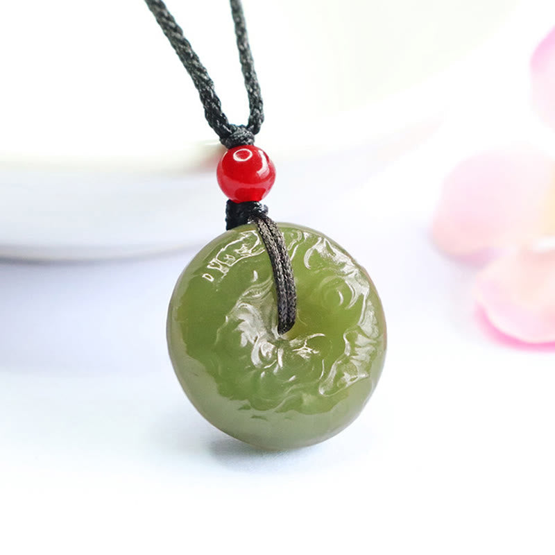 Buddha Stones Peace Buckle Auspicious Clouds Cyan Jade Necklace Luck Pendant