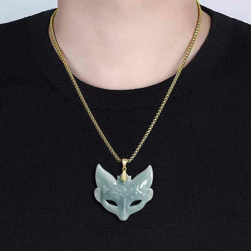 Buddha Stones Fox Mask Jade Titanium Steel Necklace Luck Pendant