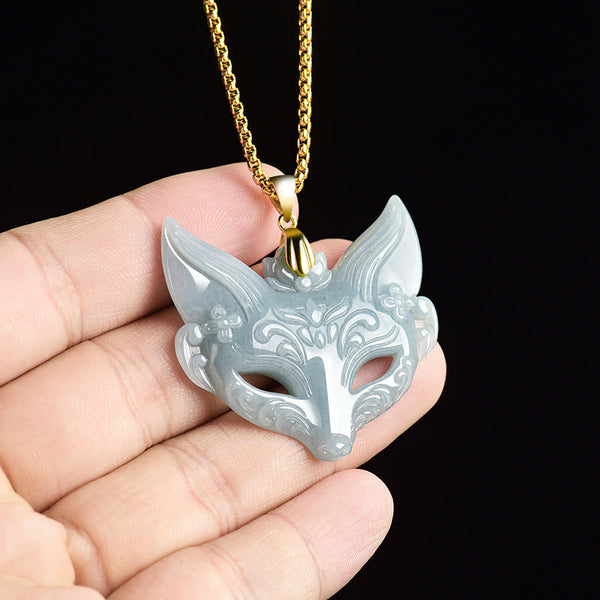 Buddha Stones Fox Mask Jade Titanium Steel Necklace Luck Pendant