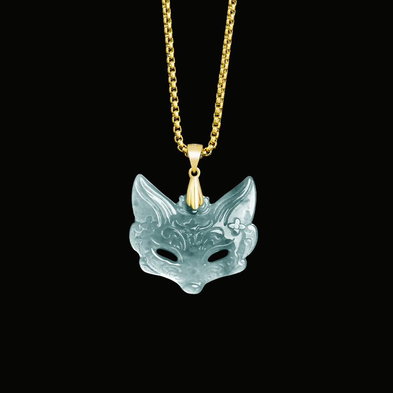 Buddha Stones Fox Mask Jade Titanium Steel Necklace Luck Pendant