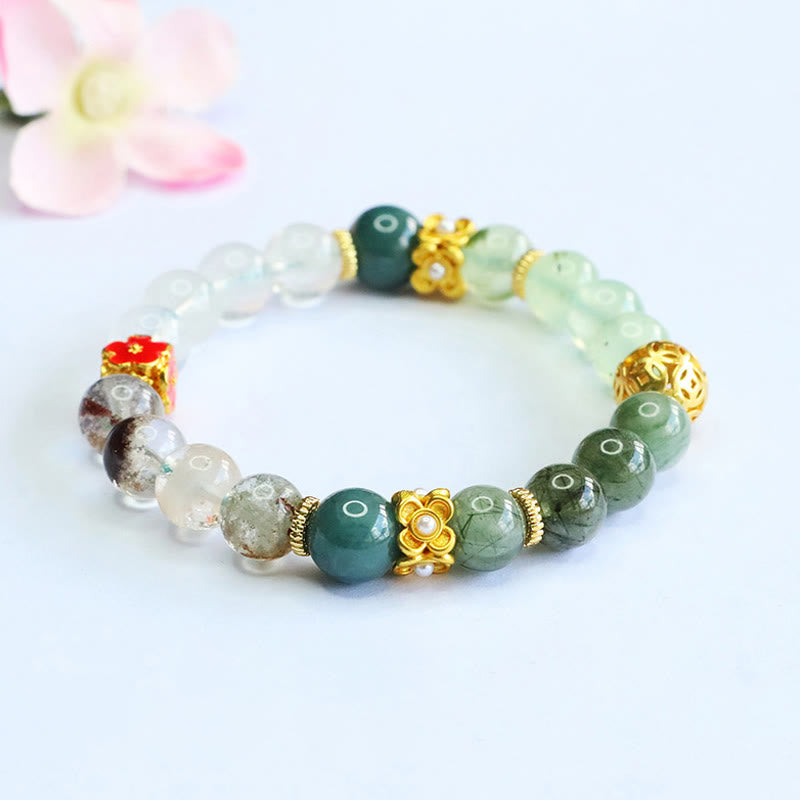 Buddha Stones Natural Green Phantom White Crystal Jade Beads Lucky Bracelet