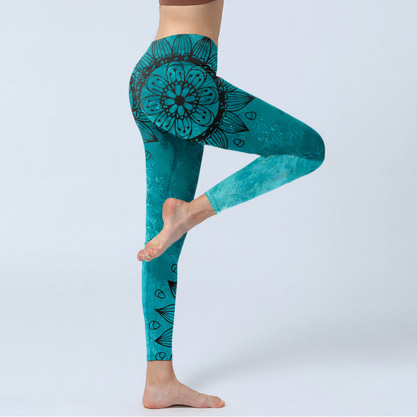 Buddha Stones Green Sunflowers Blossoms Print Gym Leggings Women's Yoga Pants