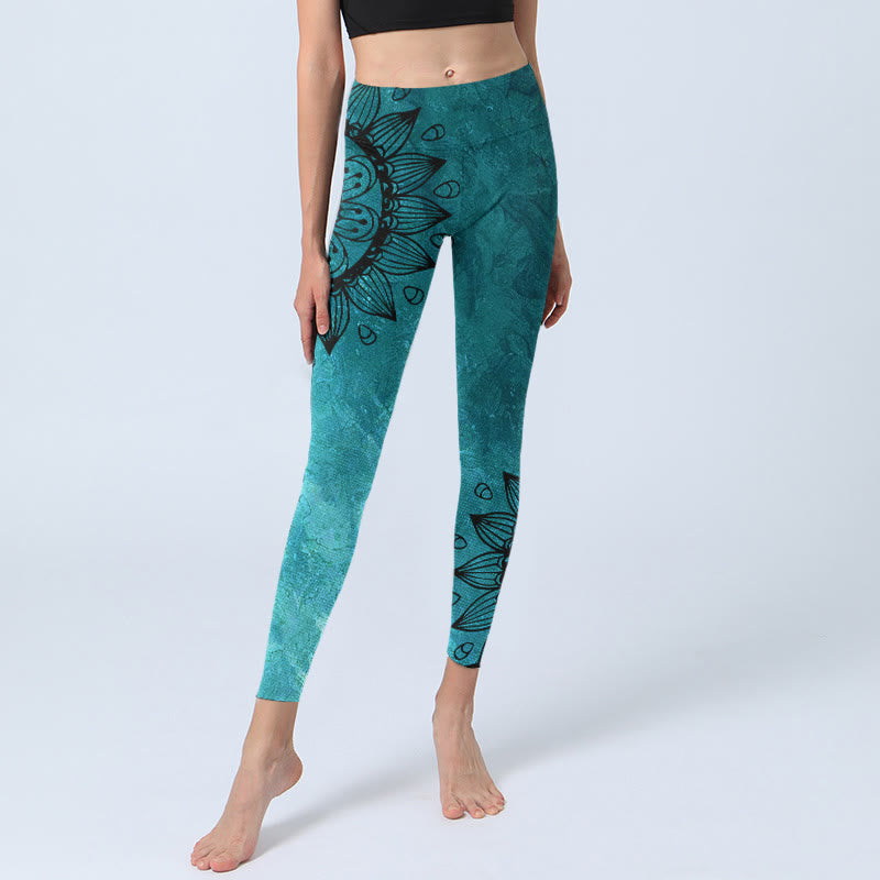 Buddha Stones Green Sunflowers Blossoms Print Gym Leggings Women's Yoga Pants