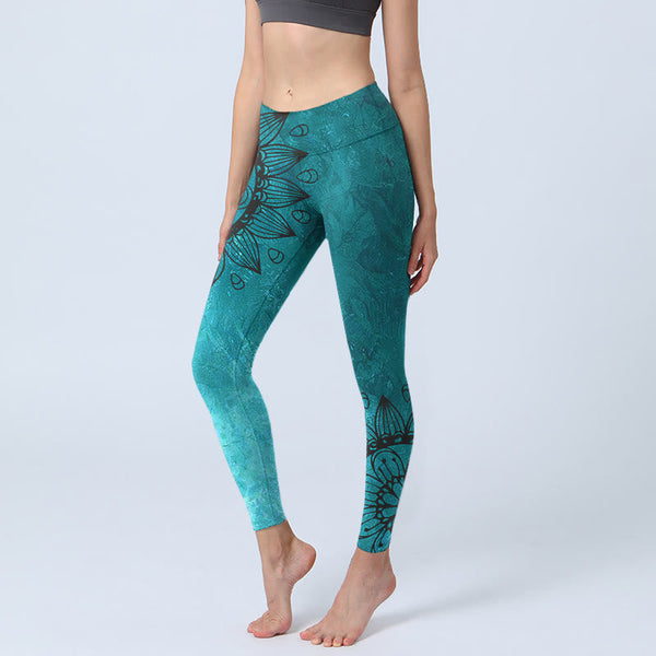 Buddha Stones Green Sunflowers Blossoms Print Gym Leggings Women's Yoga Pants