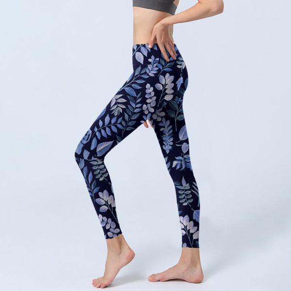 Buddha Stones Purple Leaves Print Gym Leggings Women's Yoga Pants