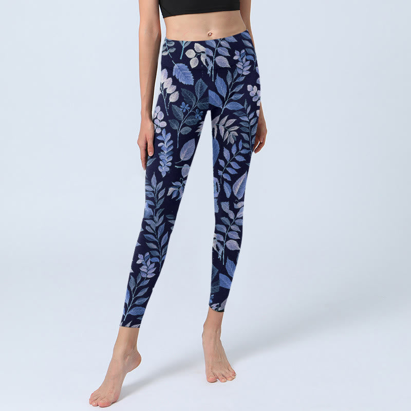 Buddha Stones Purple Leaves Print Gym Leggings Women's Yoga Pants
