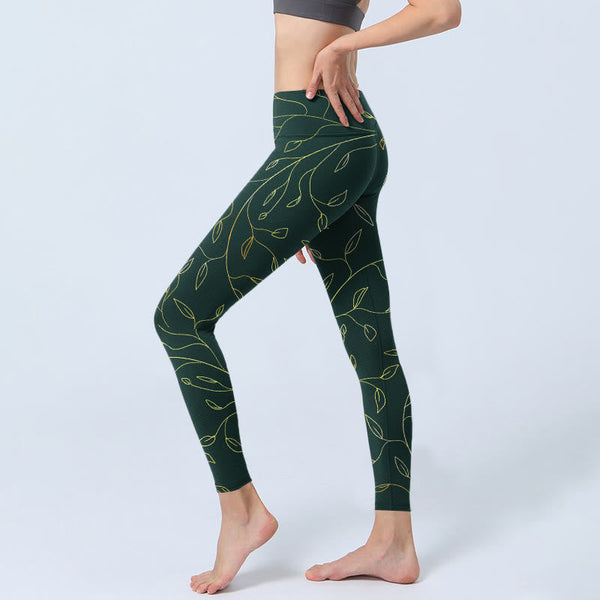 Buddha Stones Green Golden Leaves Branches Print Gym Leggings Women's Yoga Pants