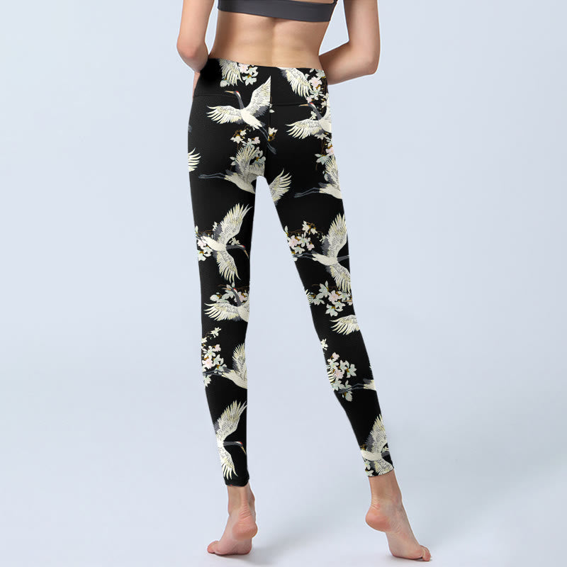 Buddha Stones White Cranes Blossoms Print Gym Leggings Women's Yoga Pants