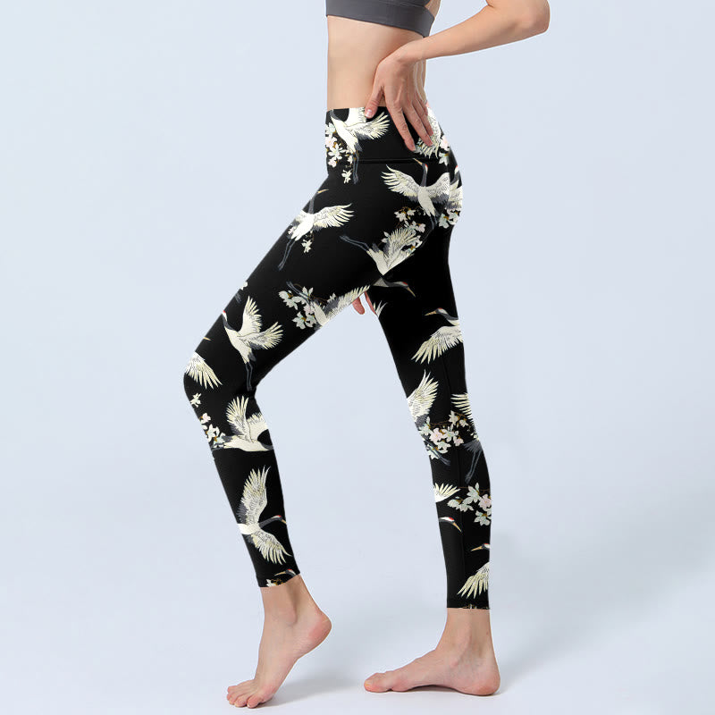 Buddha Stones White Cranes Blossoms Print Gym Leggings Women's Yoga Pants