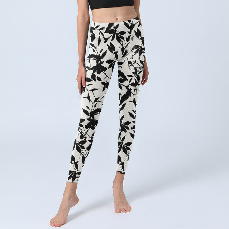 Buddha Stones Black Leaves Print Gym Leggings Women's Yoga Pants