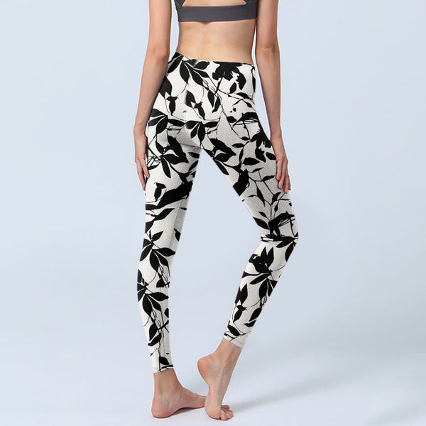 Buddha Stones Black Leaves Print Gym Leggings Women's Yoga Pants