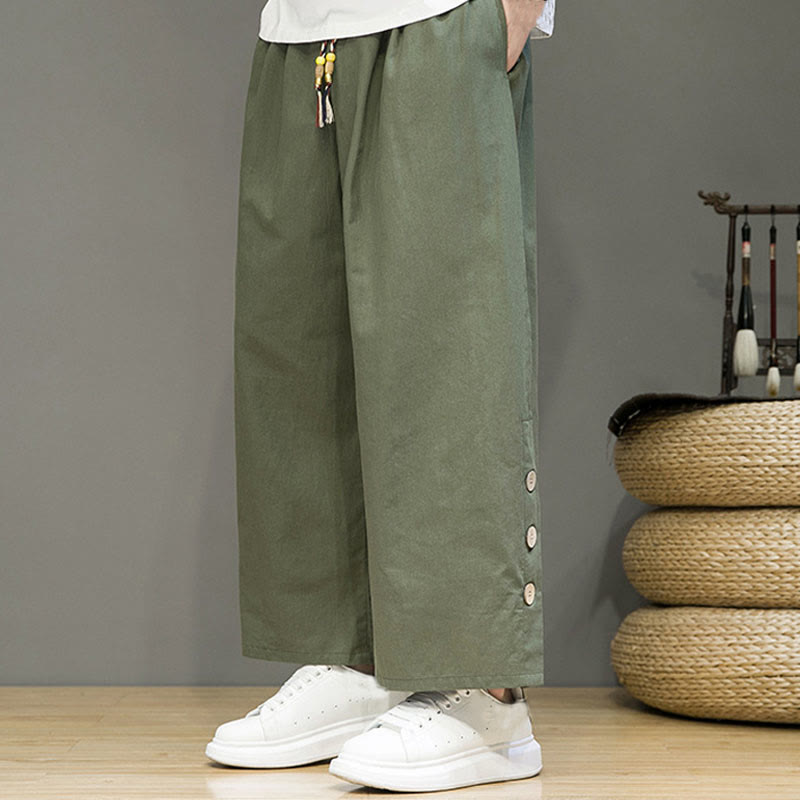 Buddha Stones Solid Color Linen Buttons Drawstring Men's Straight Leg Pants With Pockets