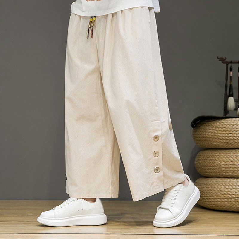 Buddha Stones Solid Color Linen Buttons Drawstring Men's Straight Leg Pants With Pockets