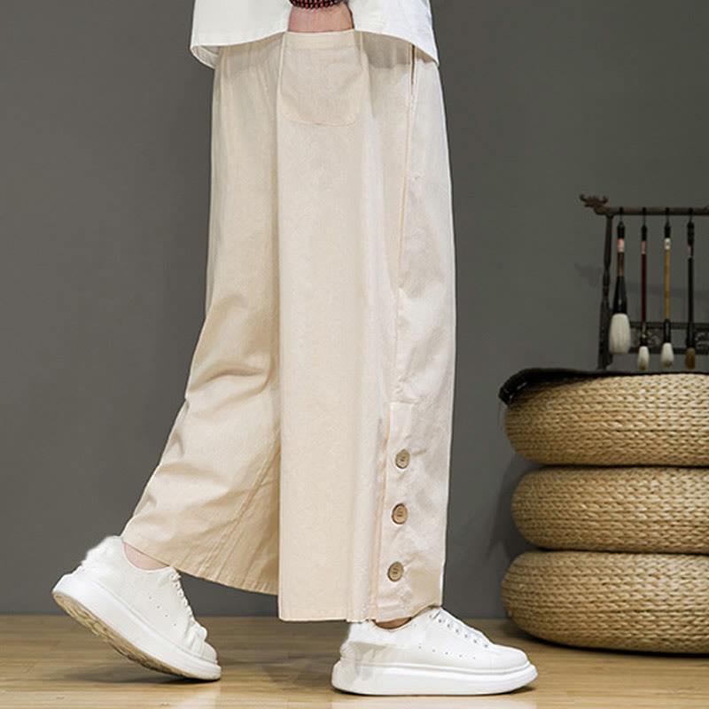 Buddha Stones Solid Color Linen Buttons Drawstring Men's Straight Leg Pants With Pockets