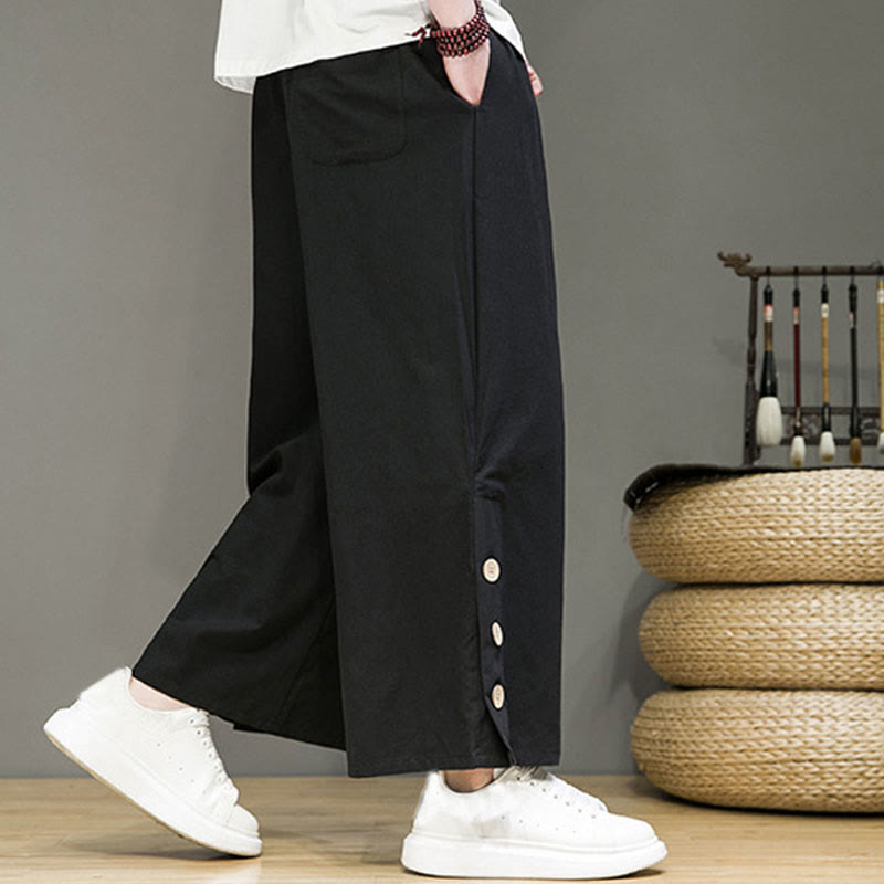 Buddha Stones Solid Color Linen Buttons Drawstring Men's Straight Leg Pants With Pockets