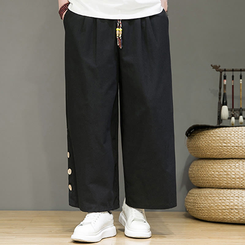 Buddha Stones Solid Color Linen Buttons Drawstring Men's Straight Leg Pants With Pockets