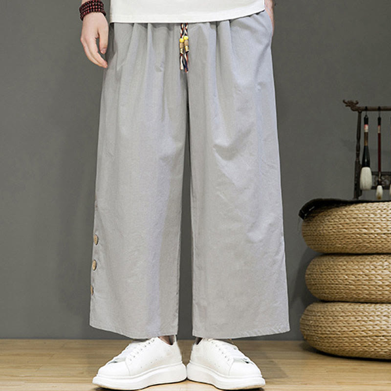 Buddha Stones Solid Color Linen Buttons Drawstring Men's Straight Leg Pants With Pockets