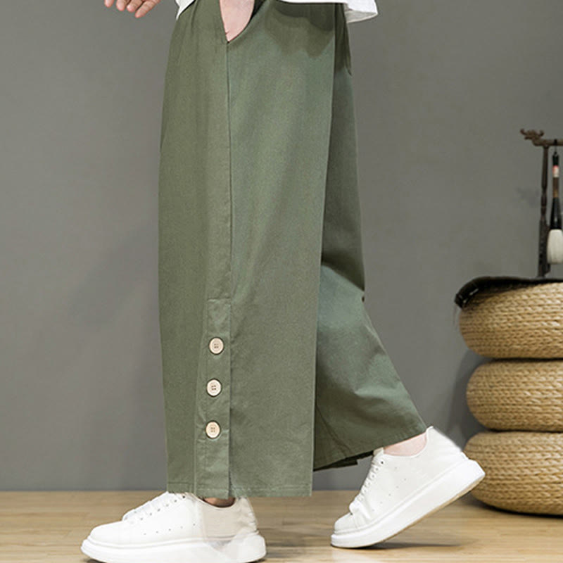 Buddha Stones Solid Color Linen Buttons Drawstring Men's Straight Leg Pants With Pockets
