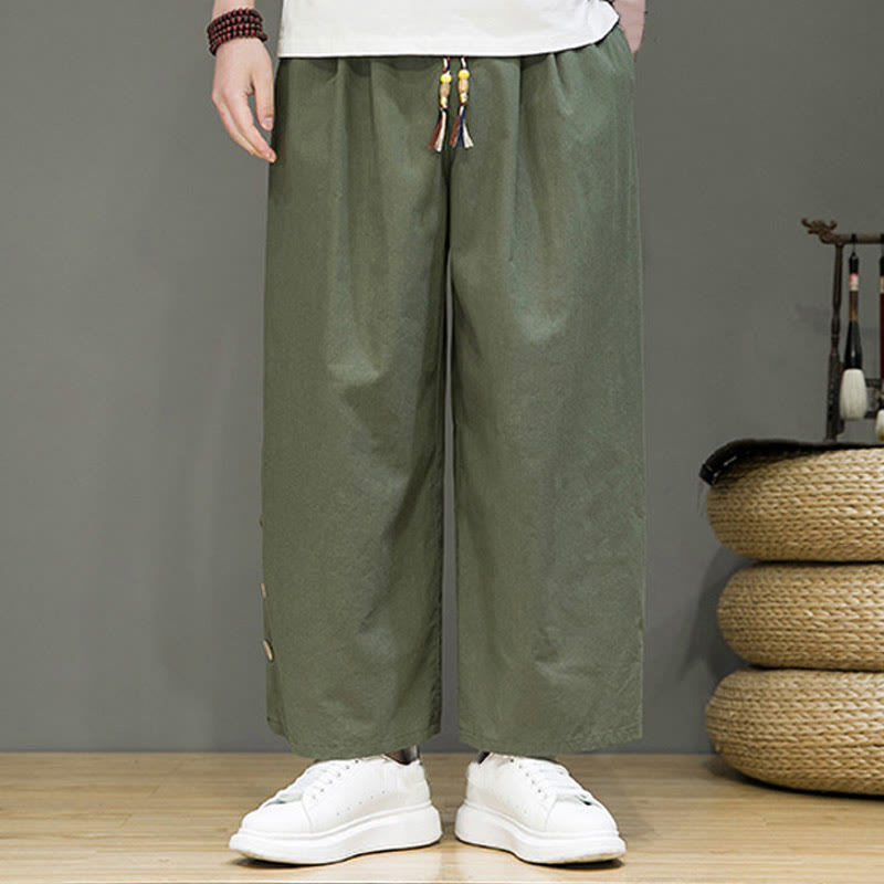 Buddha Stones Solid Color Linen Buttons Drawstring Men's Straight Leg Pants With Pockets