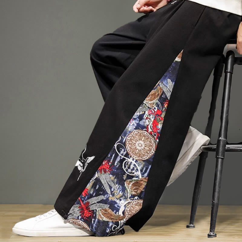 Buddha Stones Crane Embroidery Drawstring Men's Cotton Linen Wide Leg Pants With Pockets