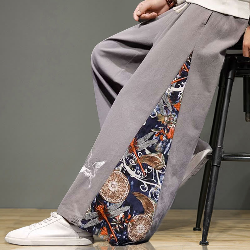 Buddha Stones Crane Embroidery Drawstring Men's Cotton Linen Wide Leg Pants With Pockets