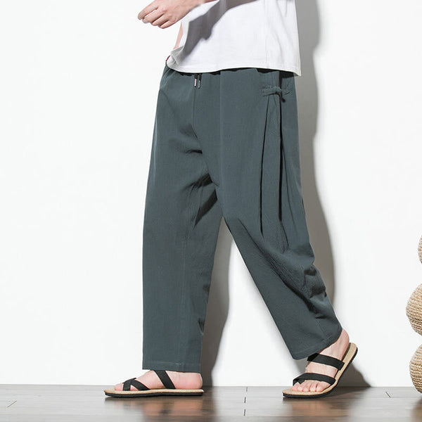 Buddha Stones Summer Side Frog-Button Design Men's Cotton Linen Pants With Pockets