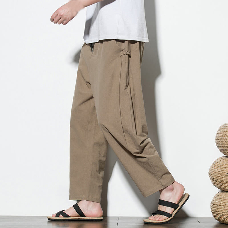 Buddha Stones Summer Side Frog-Button Design Men's Cotton Linen Pants With Pockets