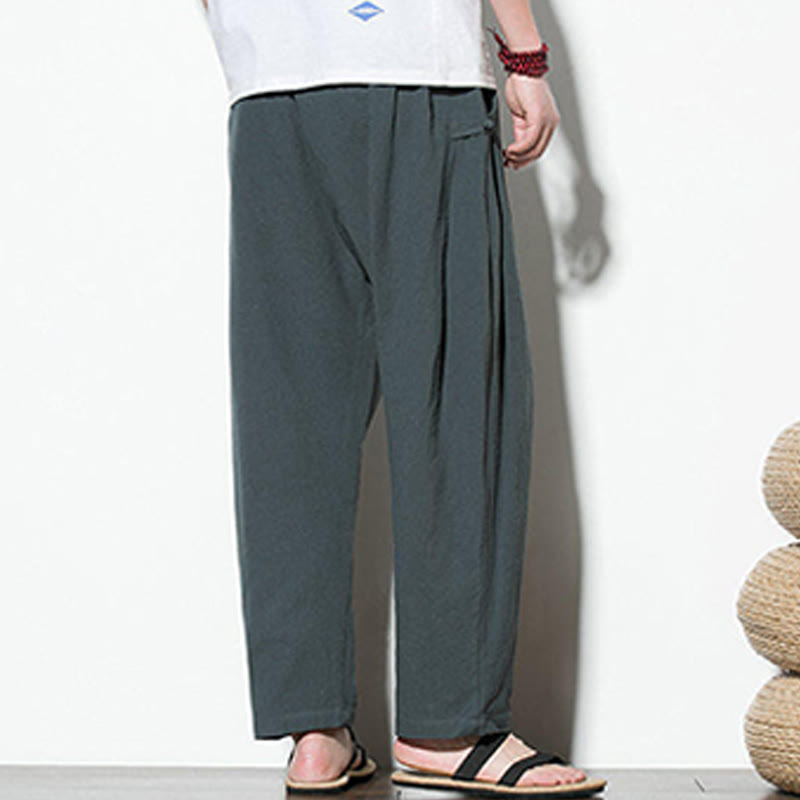 Buddha Stones Summer Side Frog-Button Design Men's Cotton Linen Pants With Pockets