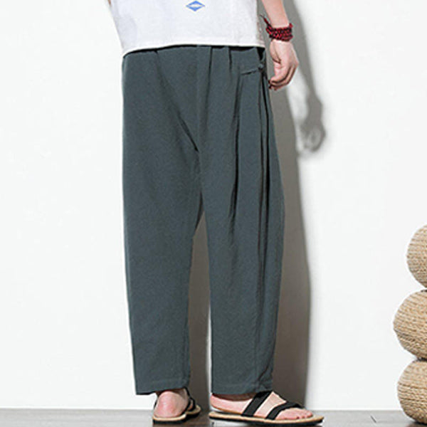 Buddha Stones Summer Side Frog-Button Design Men's Cotton Linen Pants With Pockets