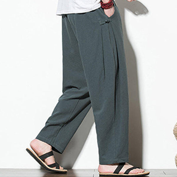 Buddha Stones Summer Side Frog-Button Design Men's Cotton Linen Pants With Pockets