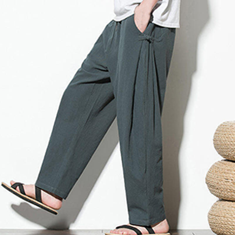 Buddha Stones Summer Side Frog-Button Design Men's Cotton Linen Pants With Pockets