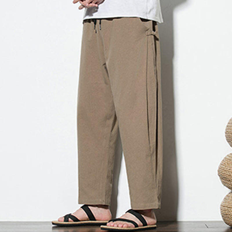 Buddha Stones Summer Side Frog-Button Design Men's Cotton Linen Pants With Pockets