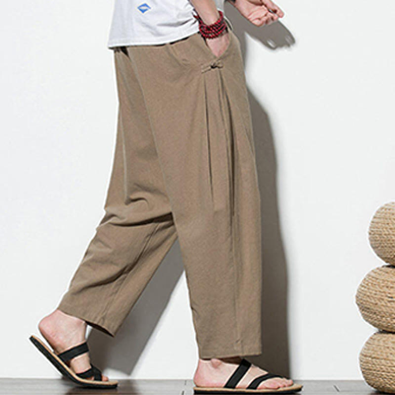 Buddha Stones Summer Side Frog-Button Design Men's Cotton Linen Pants With Pockets